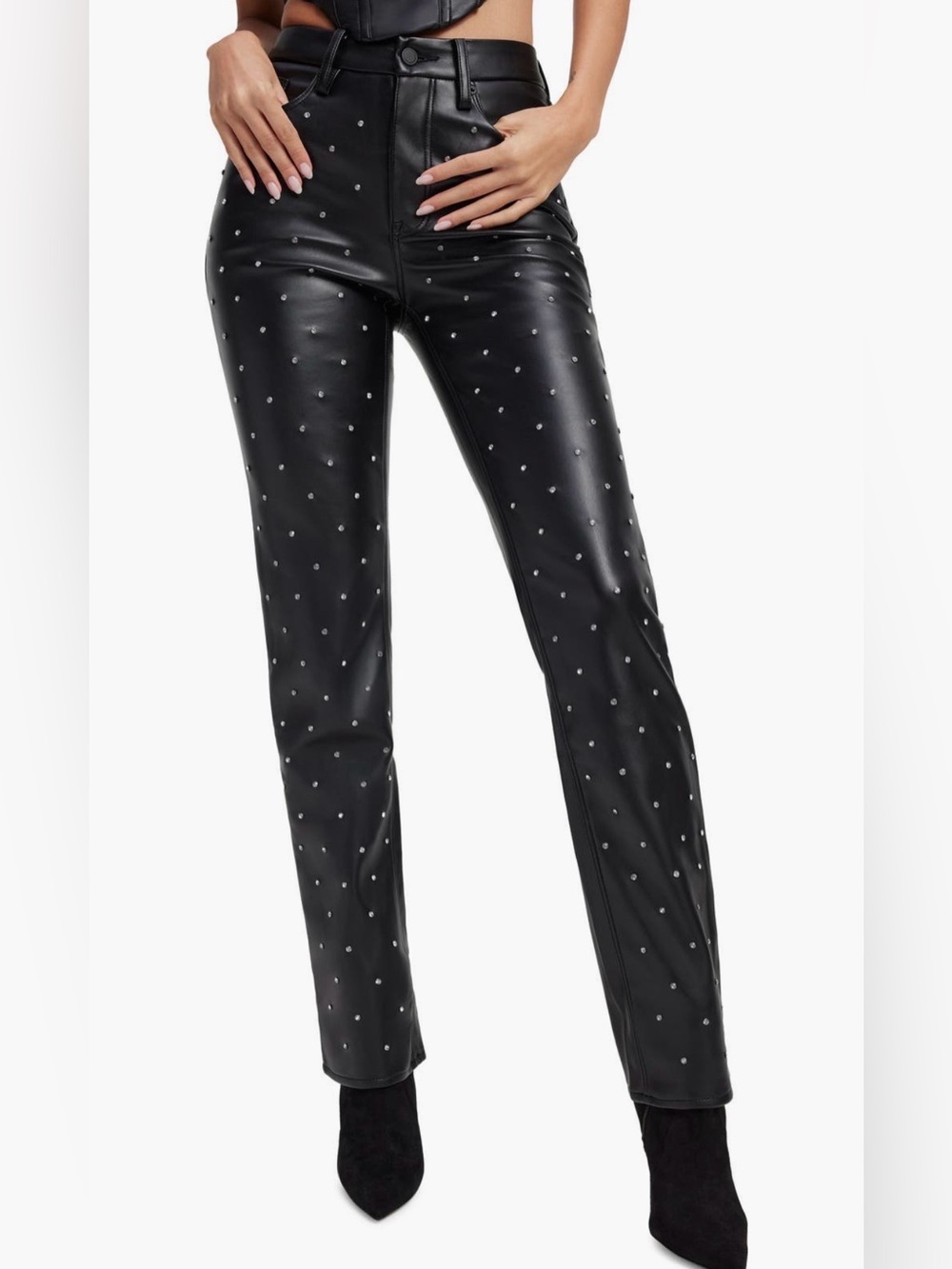 Good American Good Icon Black Rhinestone Faux Leather Straight-Leg Pants 8
